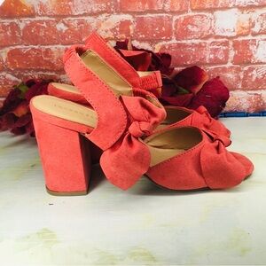 London Rag Orange Suede Peep Toe Loren Bow Accent Chunky High Heels